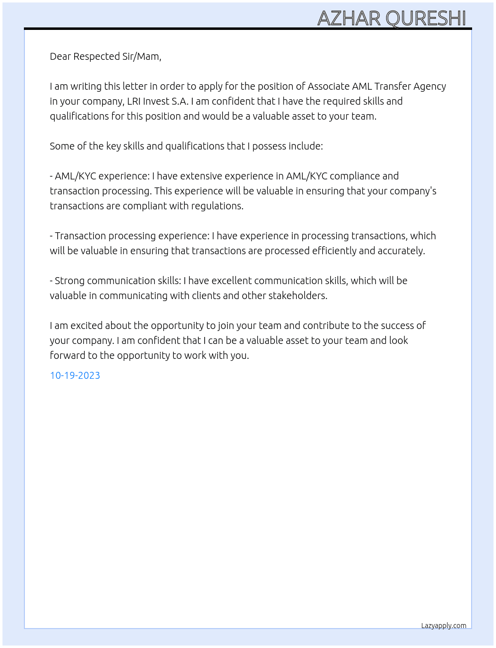 Associate AML Transfer Agency  At LRI Invest S.A Cover Letter