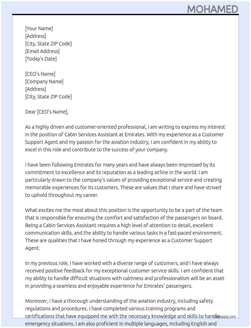 CABIN SERVICES ASSISTANT At EMIRATES Cover Letter