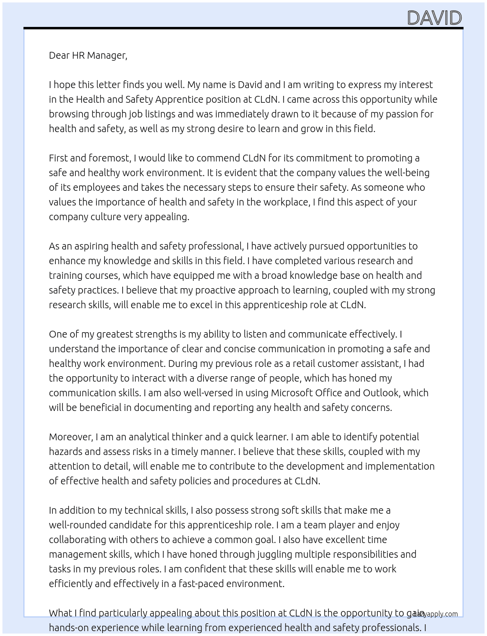 health and safety apprentice  At CLdN  Cover Letter