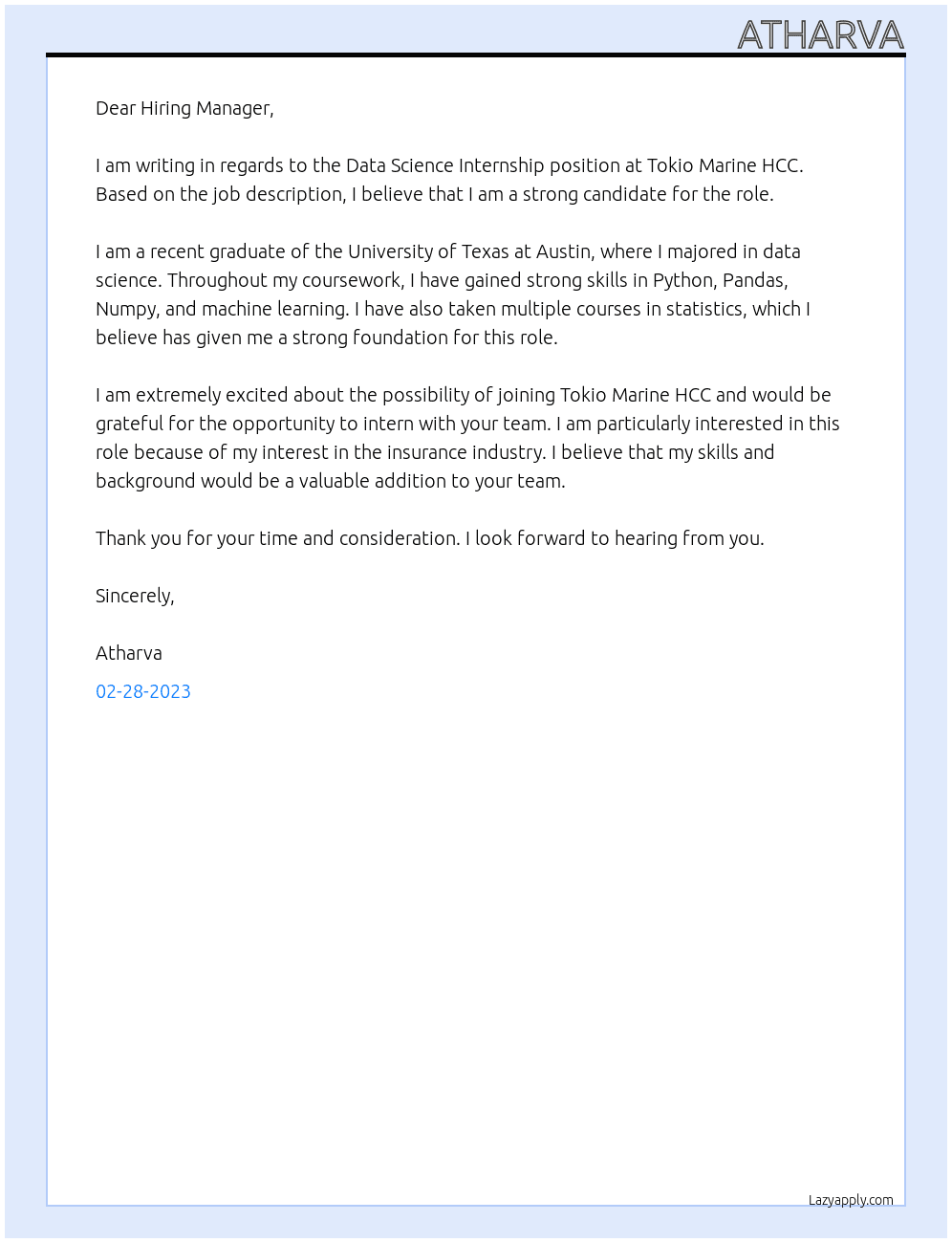 Data Science Internship At Tokio Marine HCC Cover Letter
