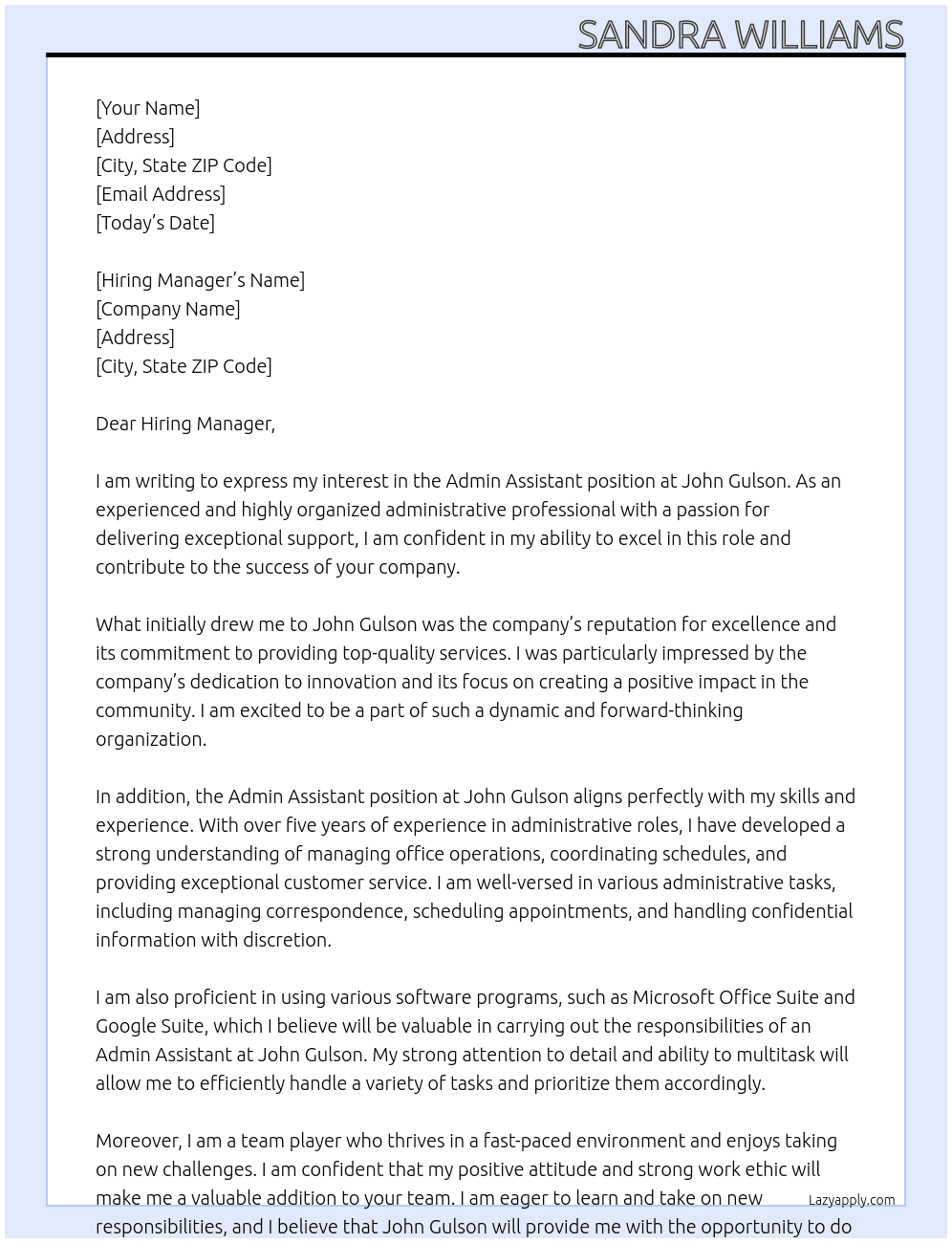 Admin assistant At John gulson Cover Letter