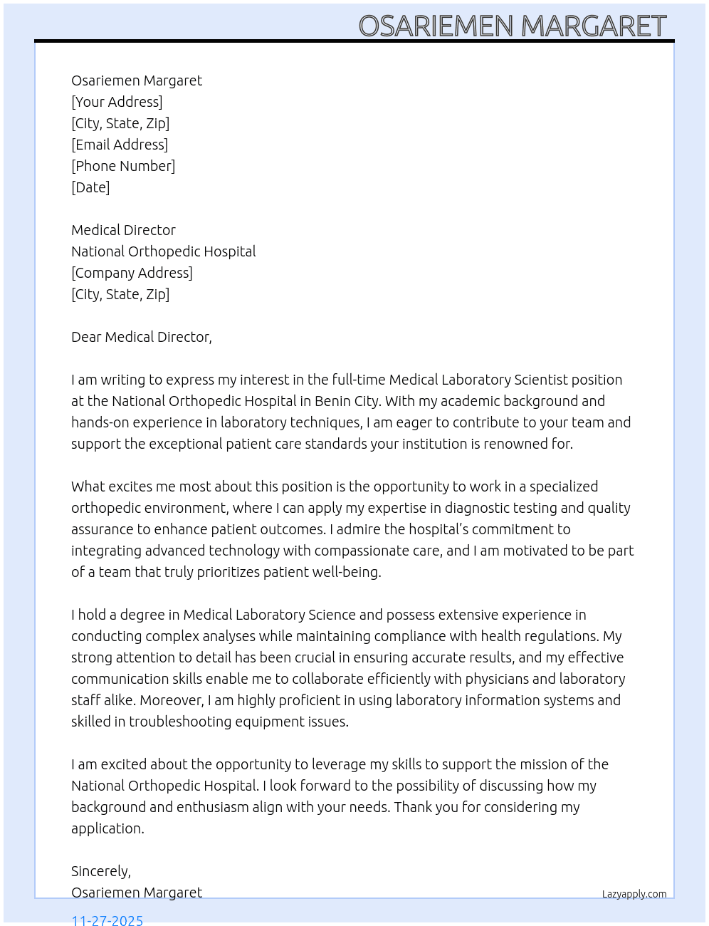 Medical laboratory scientist  At National orthopedic hospital  Cover Letter