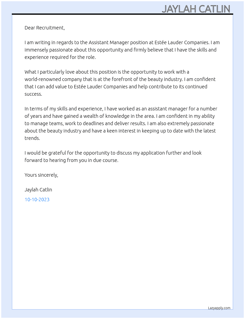 Assistant manager  At Estée Lauder companies  Cover Letter