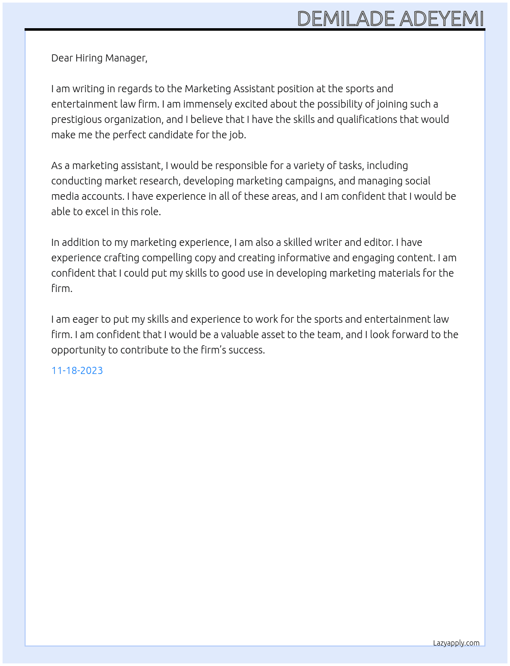 Marketing Assistant At sports and entertainment law firm Cover Letter