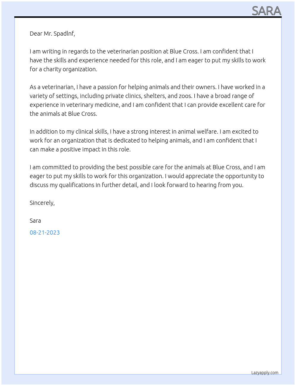 veterinarian At blue cross Cover Letter
