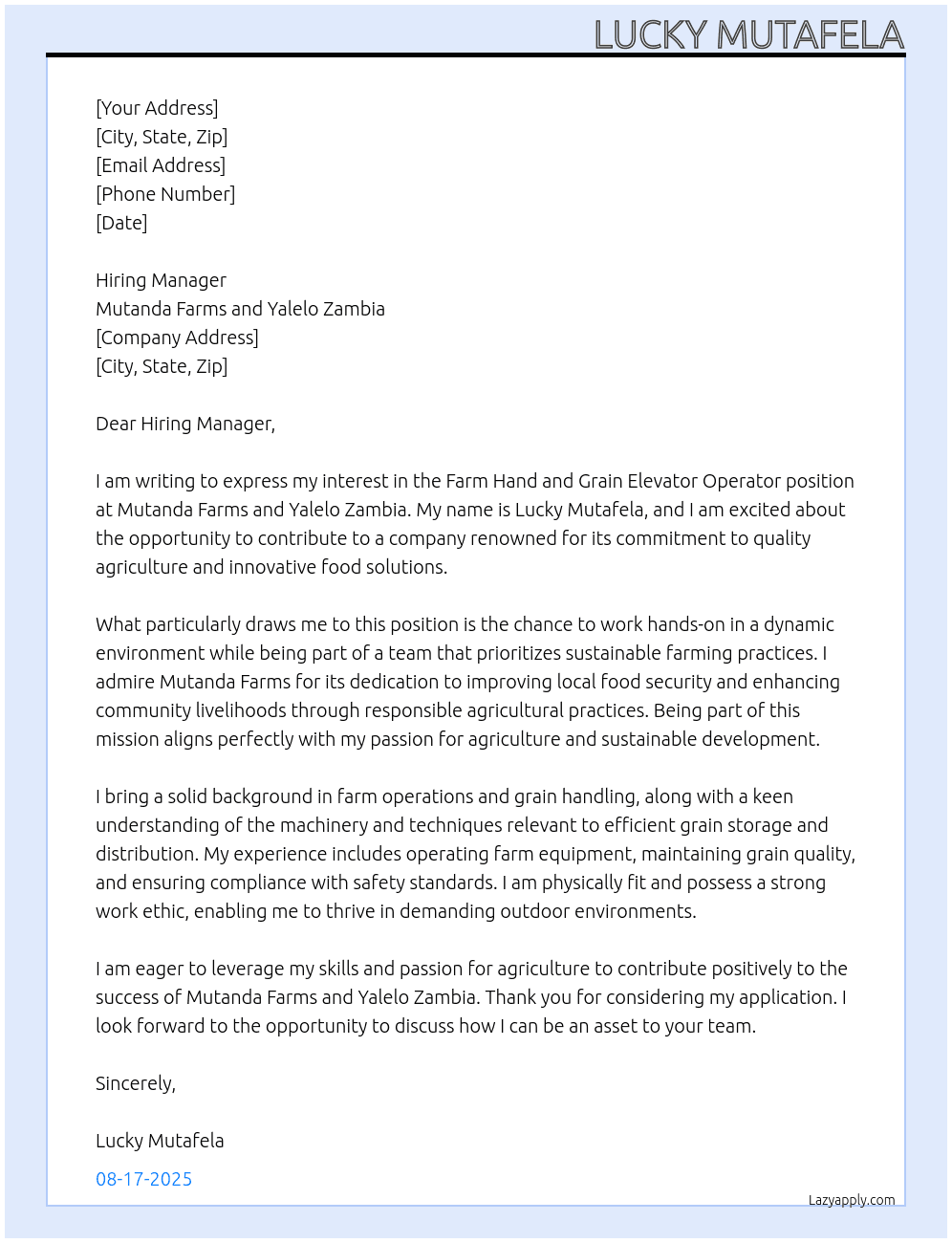 Farm hand and Grain elevator operator  At Mutanda farms and yalelo Zambia  Cover Letter
