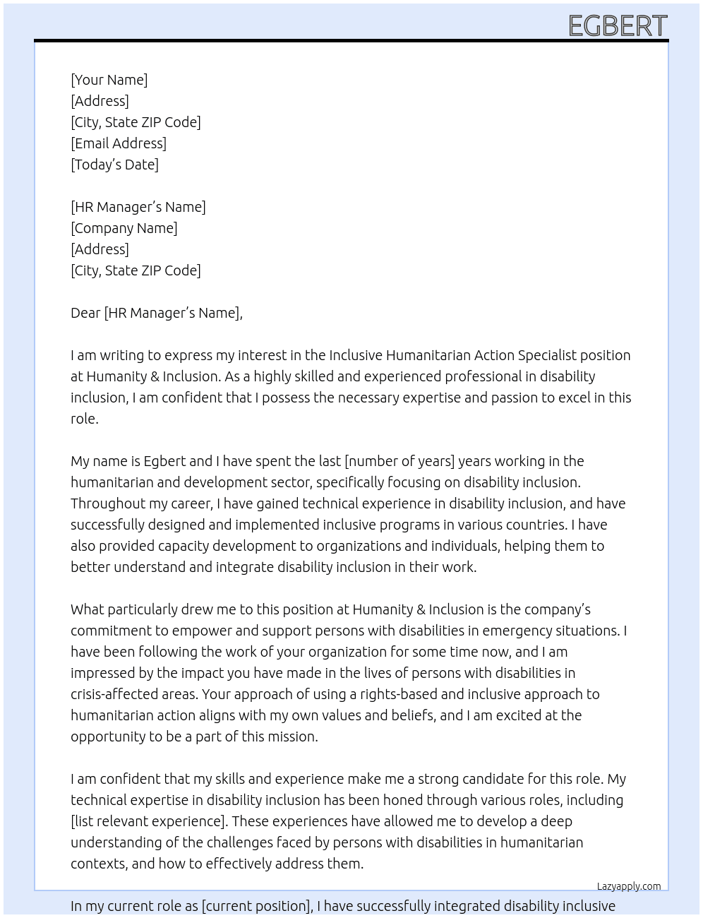 Inclusive Humanitarian Action Specialist At Humanity & Inclusion Cover Letter
