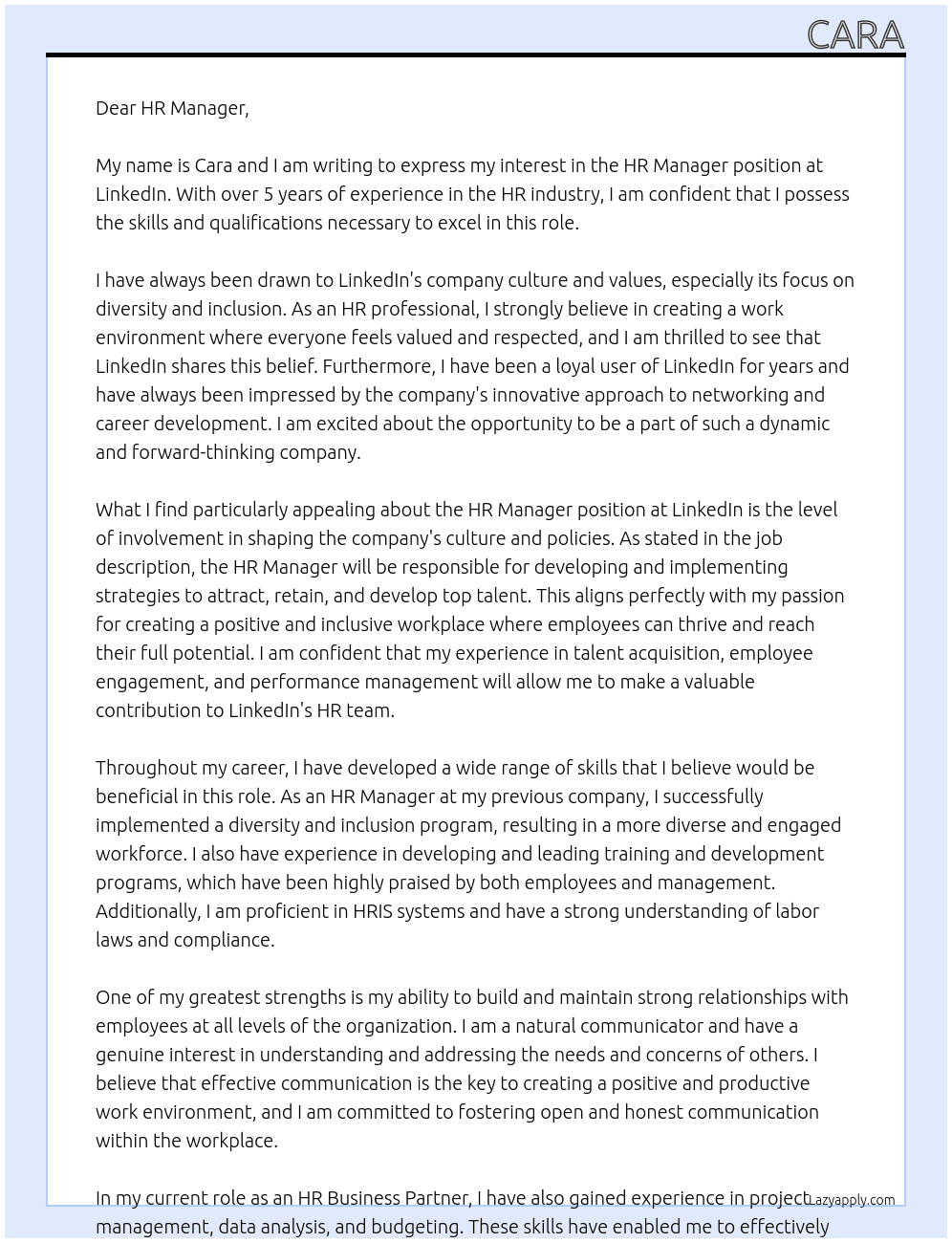 hr manager At linkedin Cover Letter