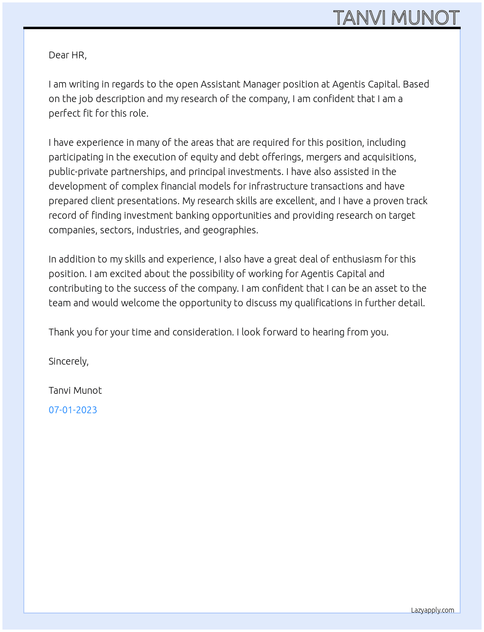 Assistant Manager At Agentis Capital Cover Letter