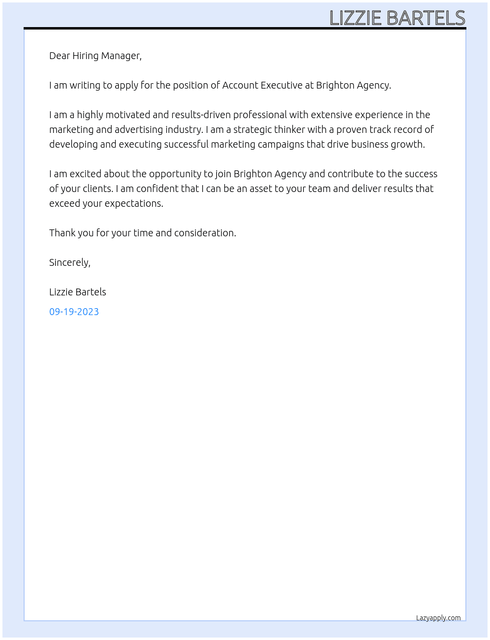 Account Executive At Brighton Agency Cover Letter