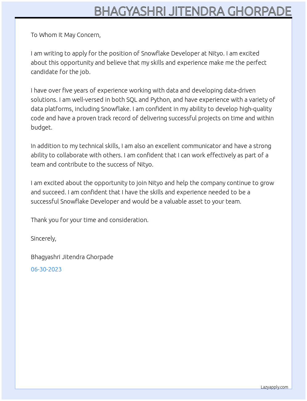 snowflake developer At Nityo Cover Letter