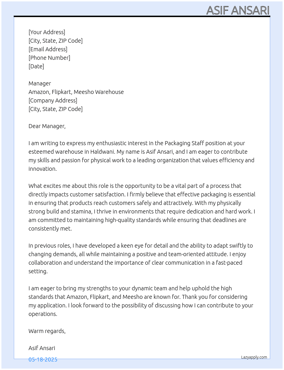 Cover letter for packaging satff - LazyApply