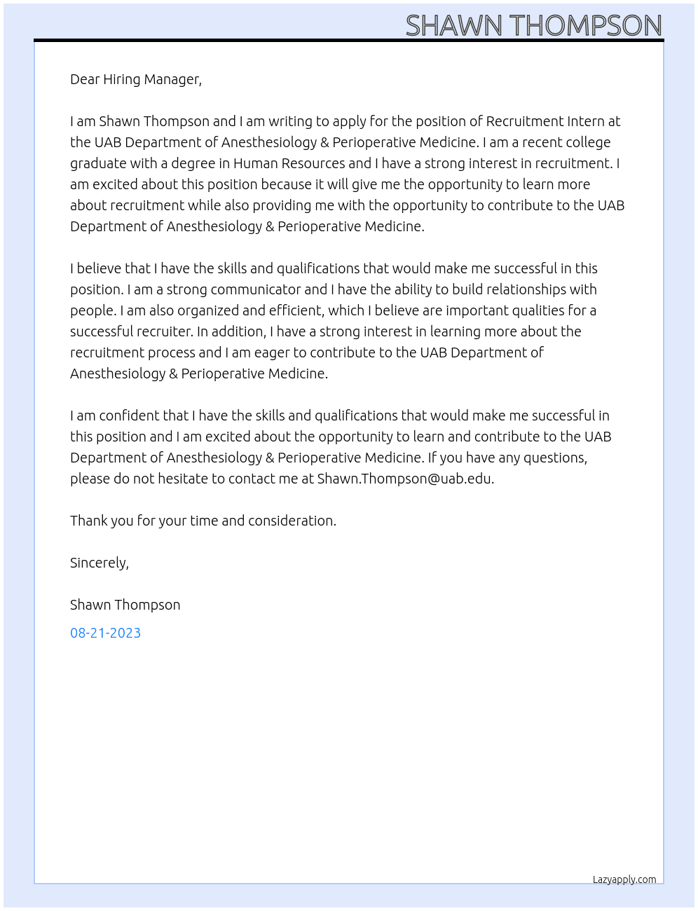 Recruitment Intern At UAB Department of Anesthesiology & Perioperative Medicine Cover Letter