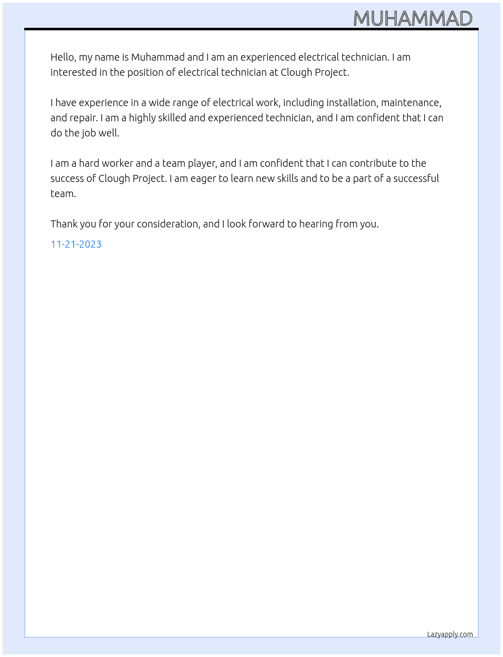 Electrical technician  At Clough Project  Cover Letter