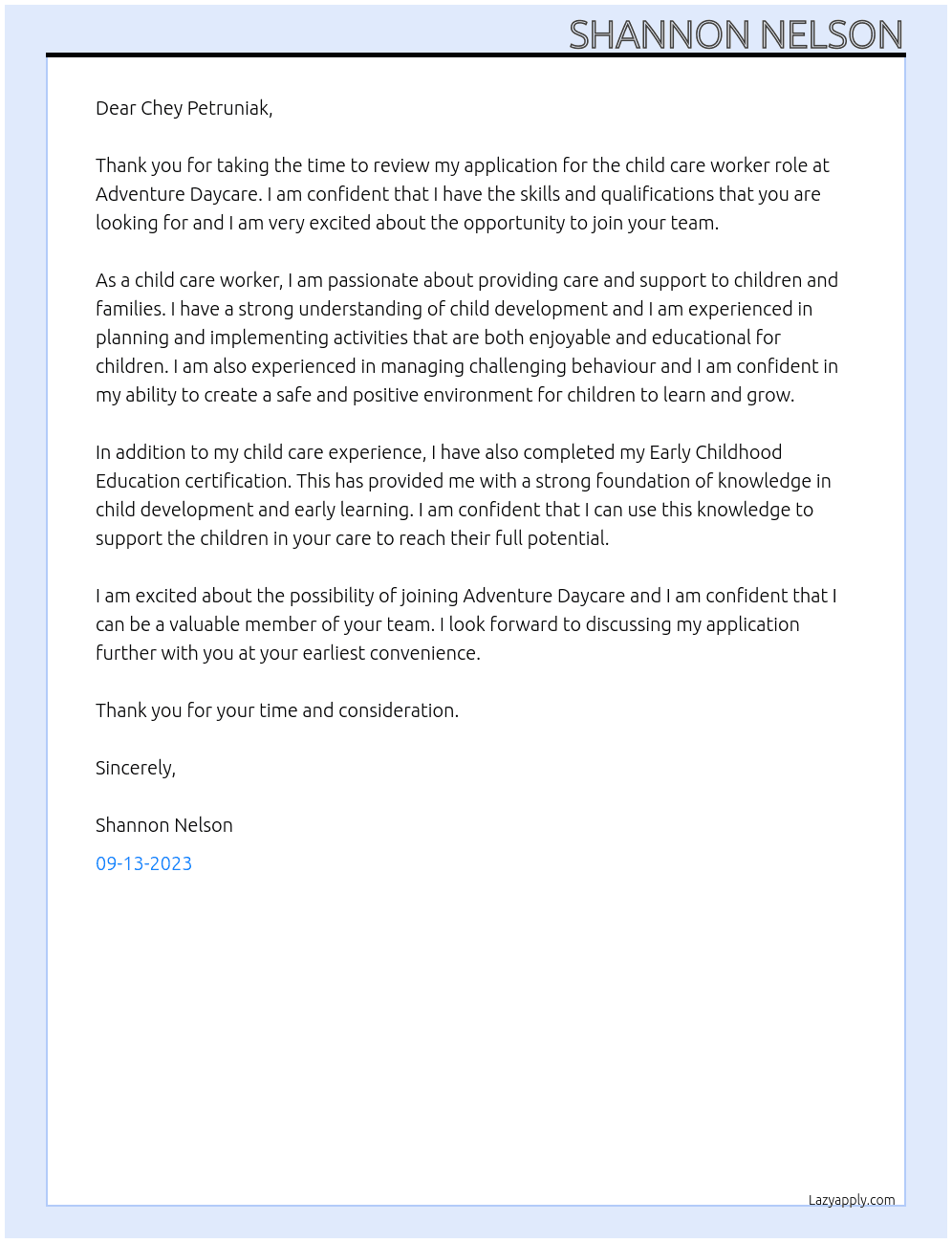 child care worker At adventure daycare Cover Letter