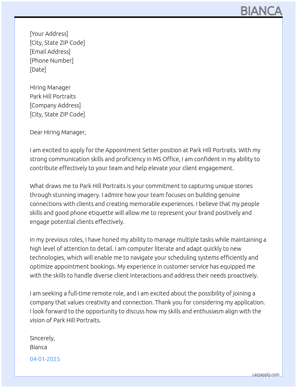 Appointment Setter At Park Hill Portraits Cover Letter