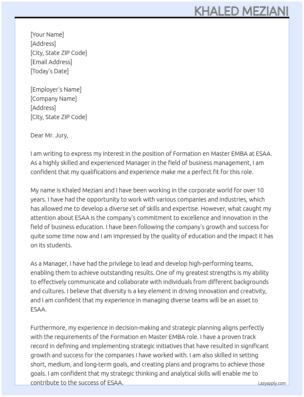 FORMATION EN MASTER EMBA At ESAA Cover Letter