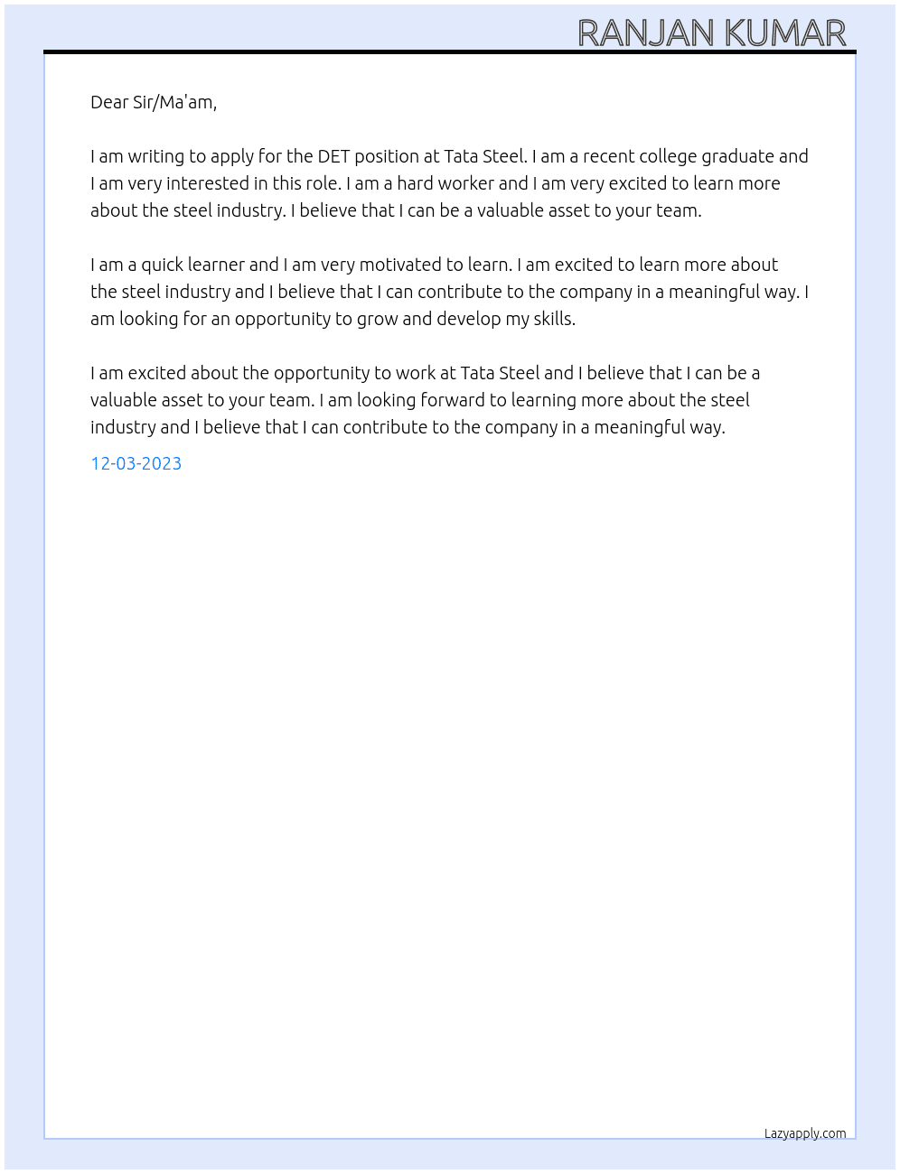 DET At Tata steel  Cover Letter