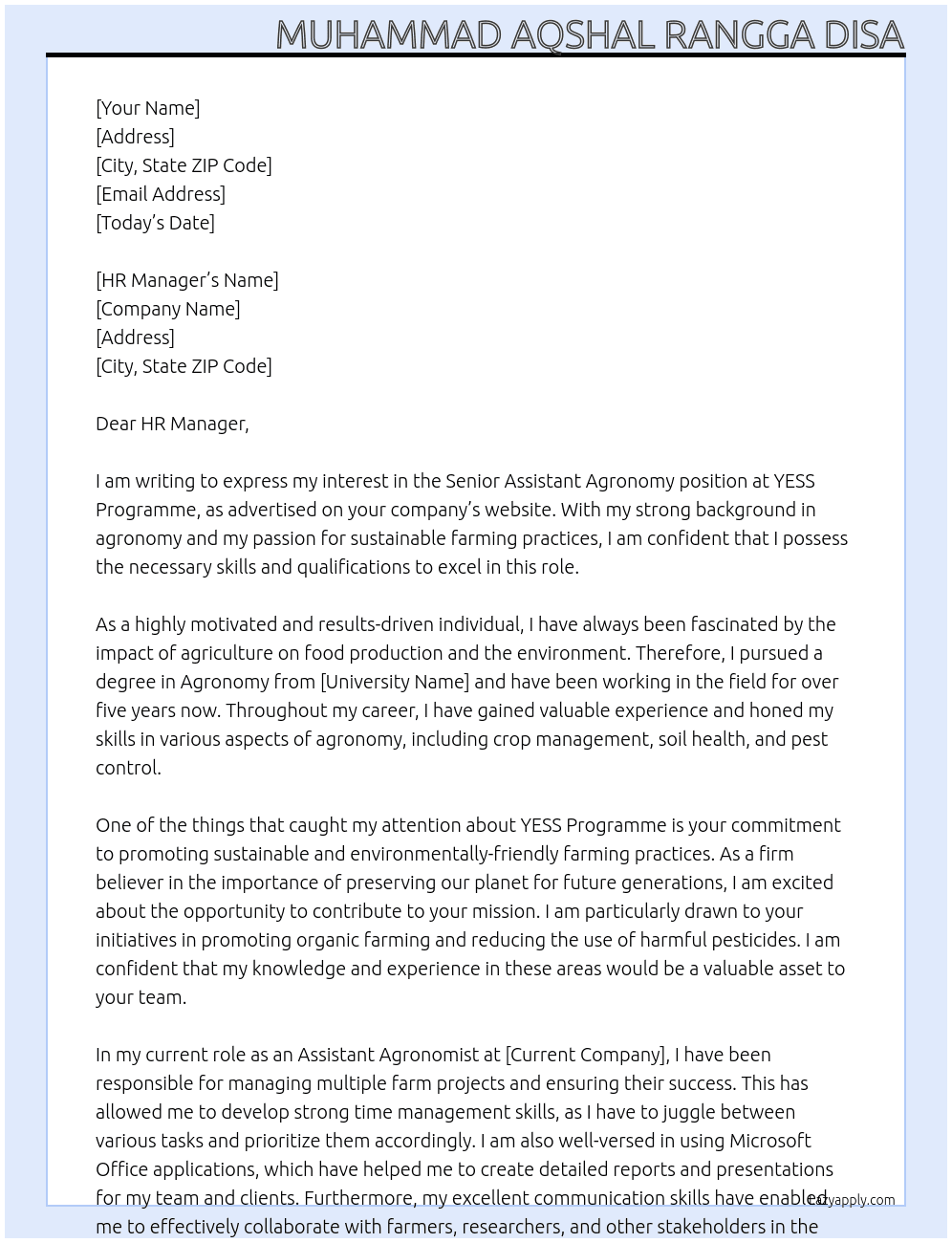 Senior Assistant Agronomy   At YESS Programme Cover Letter
