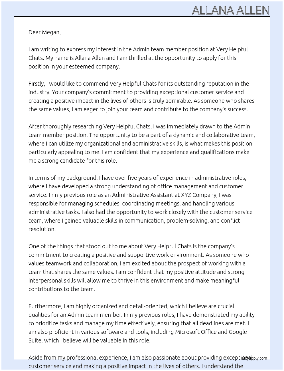 Admin team member At Very helpful chats Cover Letter