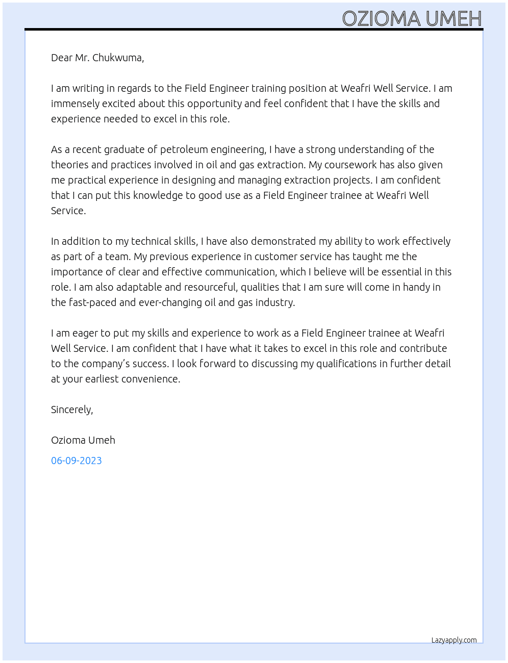 Field Engineer training At Weafri well service Cover Letter