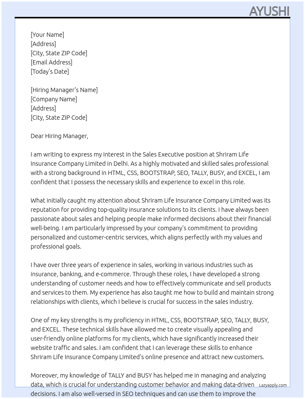 Sales Executive At Shriram Life Insurance Company Limited Cover Letter