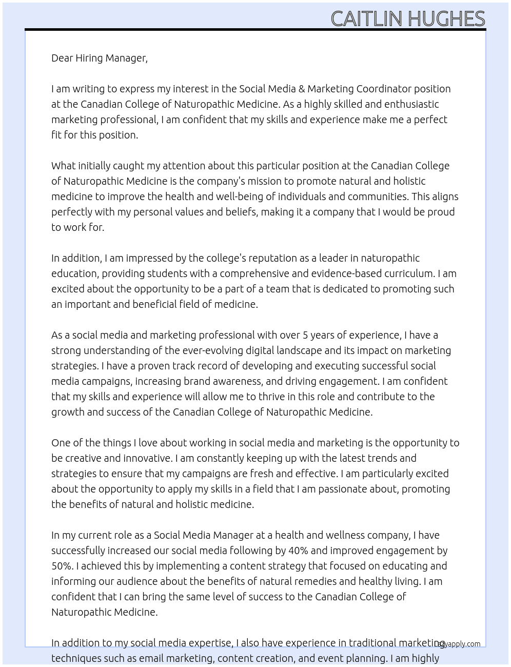 Social Media & Marketing Coordinator At Canadian College of Naturopathic Medicine  Cover Letter
