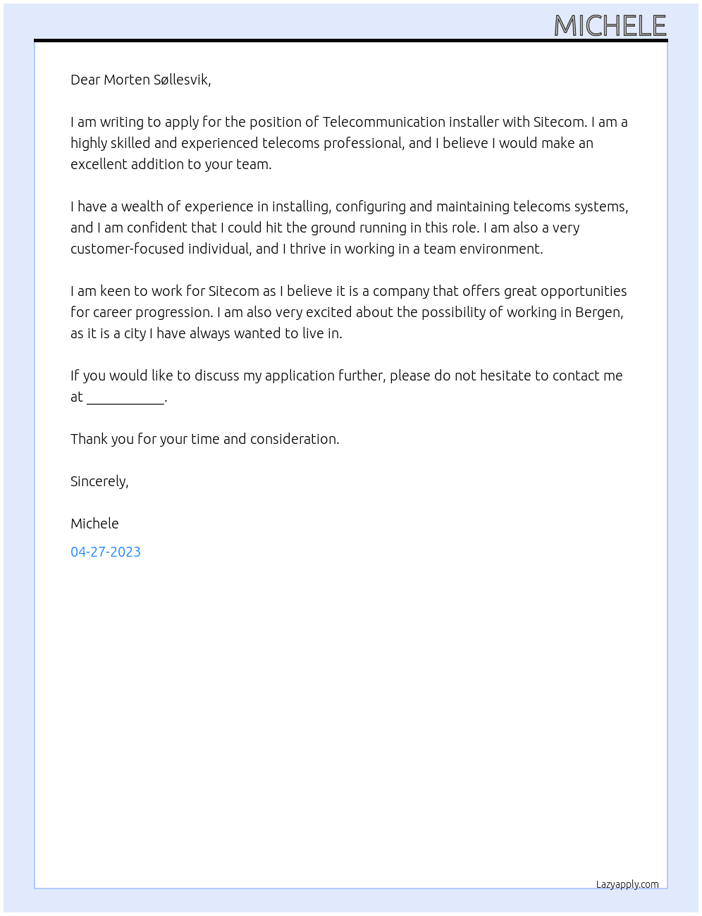 Telecommunication installer At Sitecom Cover Letter