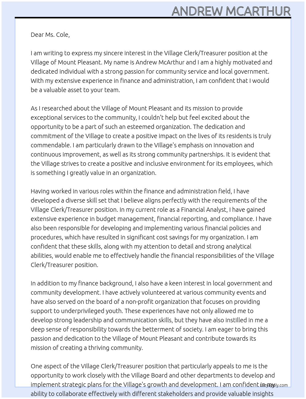 Village Clerk/Treasurer At Village of Mount Pleasant Cover Letter