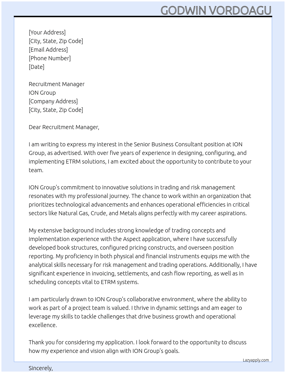 Senior Business Consultant At ION Group Cover Letter