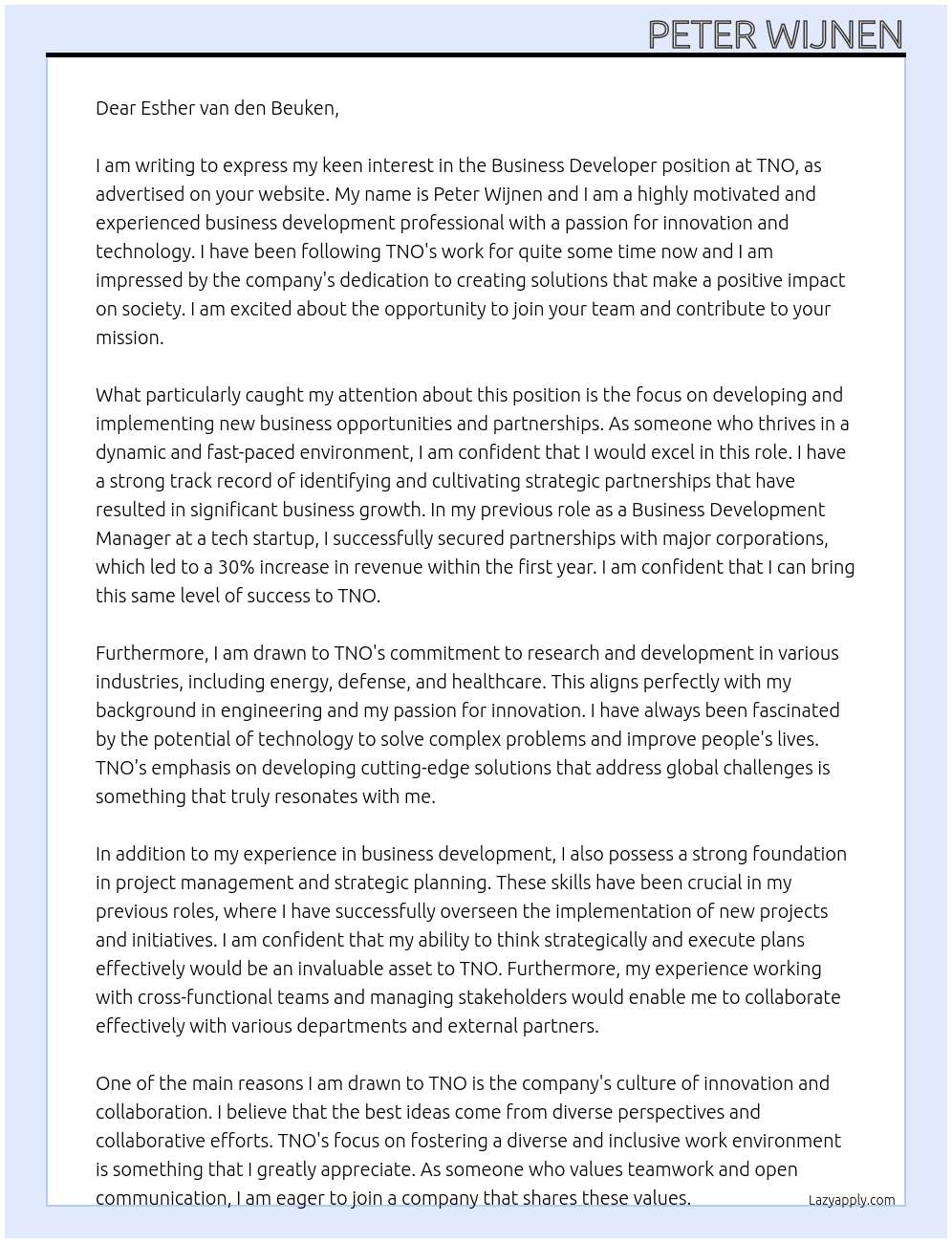 Business Developer At TNO Cover Letter