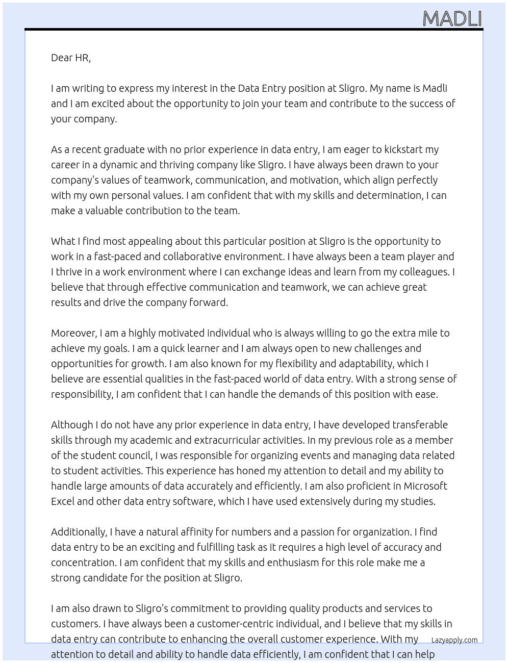 Daata Entry At Sligro Cover Letter