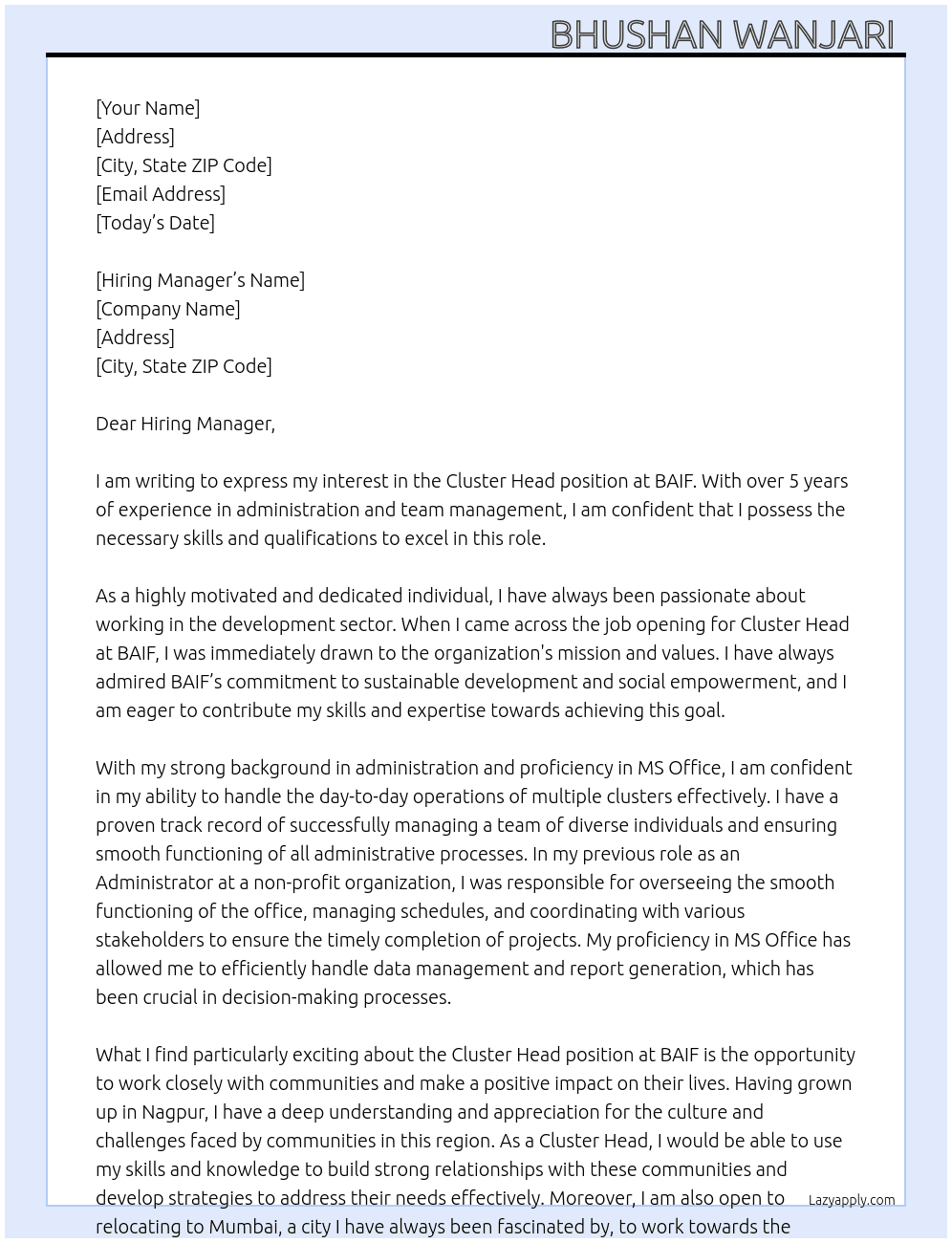 Cluster Head At BAIF  Cover Letter