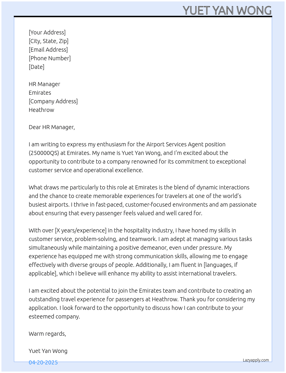 Cover letter for airport services agent - heathrow - 250000qs - LazyApply