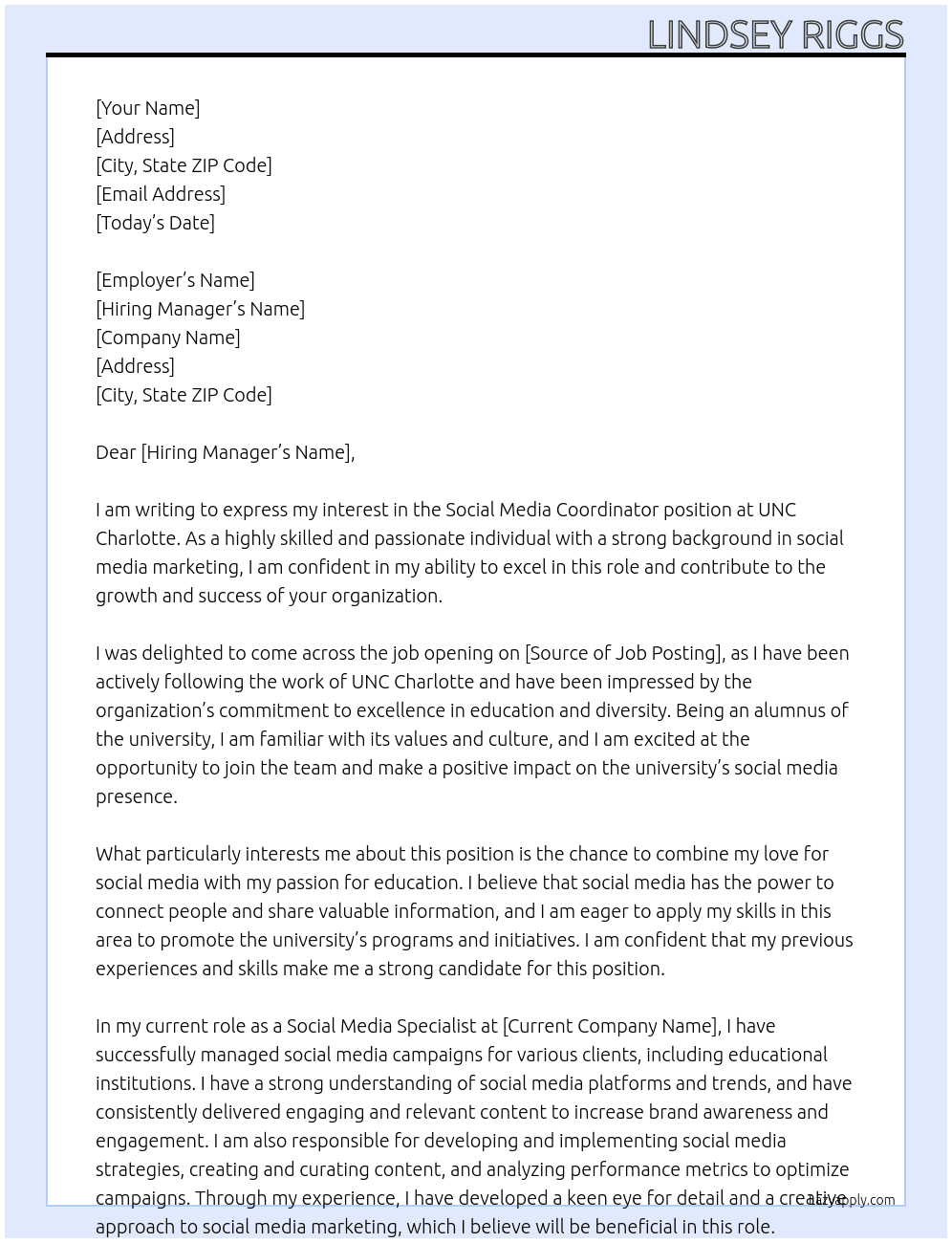 Social Media Coordinator At UNC Charlotte Cover Letter