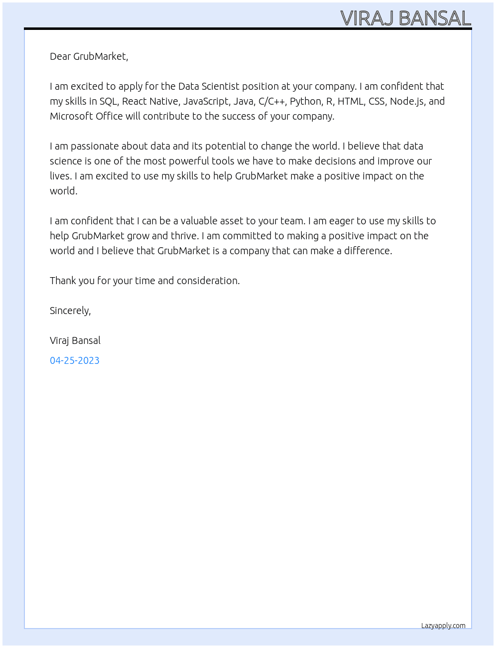 data scientist At GrubMarket Cover Letter