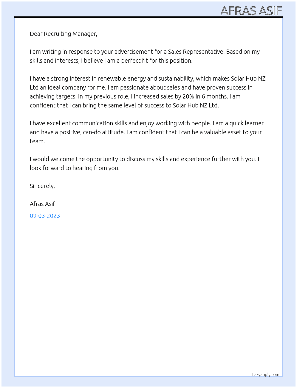 Sales Representative  At Solar Hub NZ Ltd Cover Letter