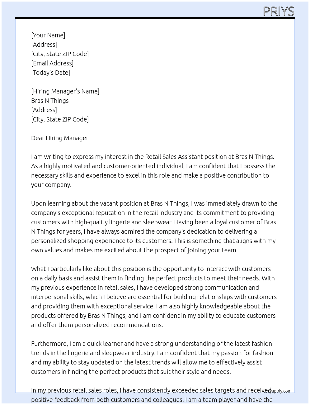 retail sales assitant At bras n things Cover Letter