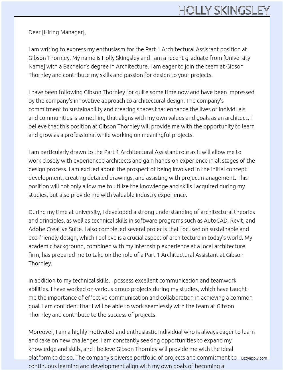 Part 1 Architectural Assistant At Gibson Thornley Cover Letter