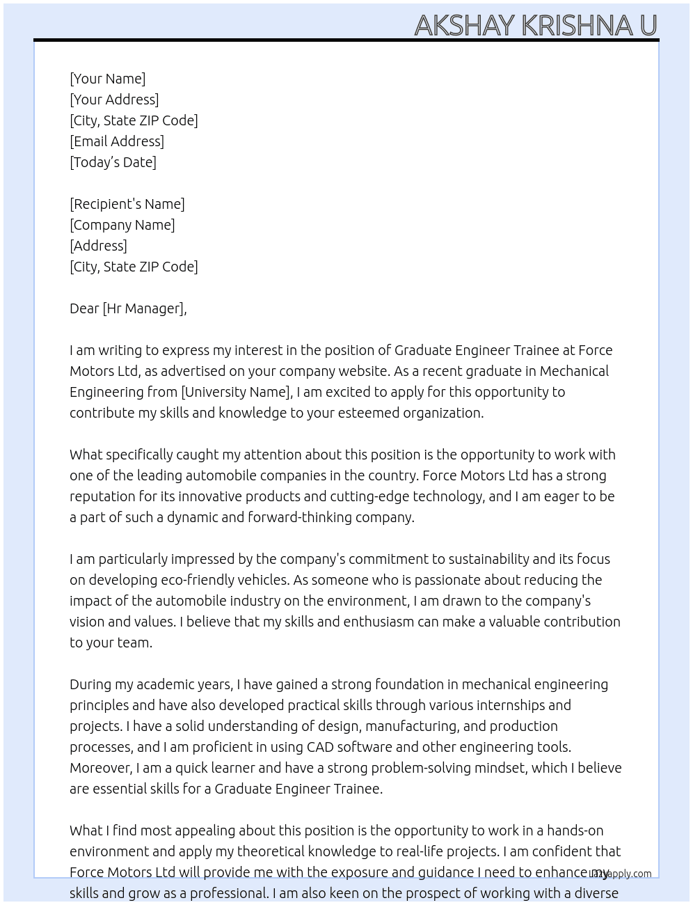 Graduate Engineer Trainee At Force Motors Ltd Cover Letter