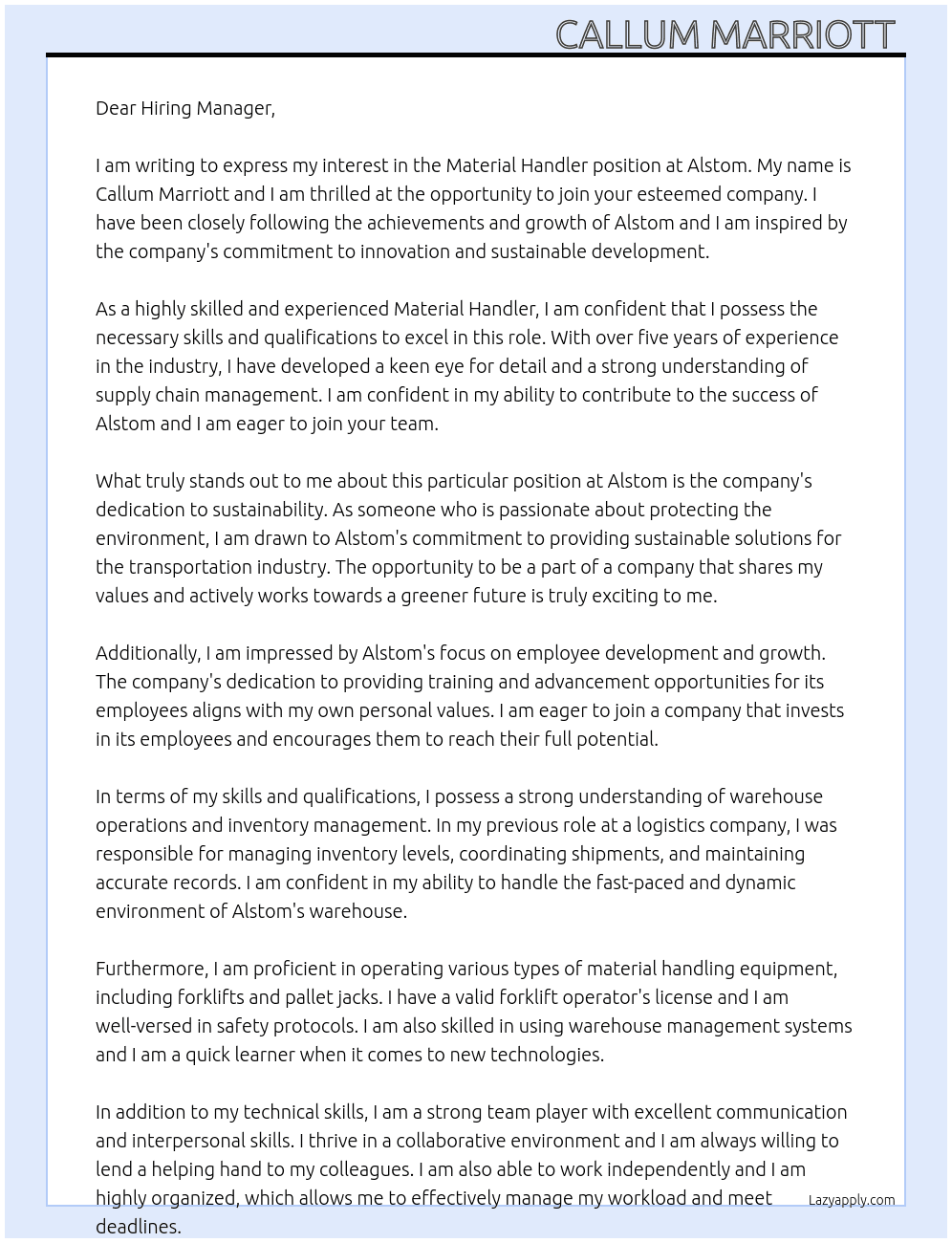 Material handler At Alstom Cover Letter
