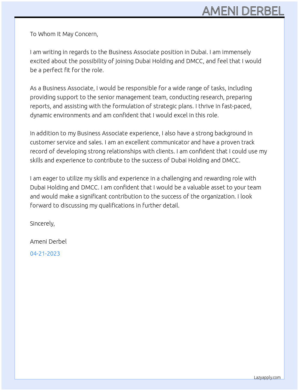 Associate in Dubai Business associate At Dubai holding. DMCC. Jumairah Cover Letter