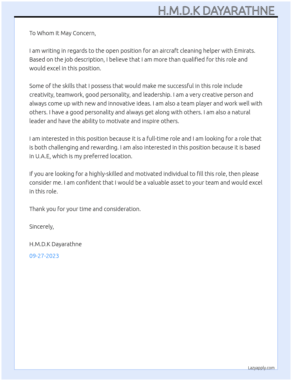 Aircraft cleaning  At Emirats  Cover Letter
