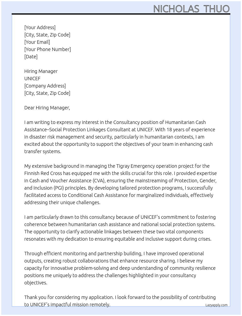 Cover letter for consultancy: humanitarian cash assistance–social protection linkages consultant - LazyApply