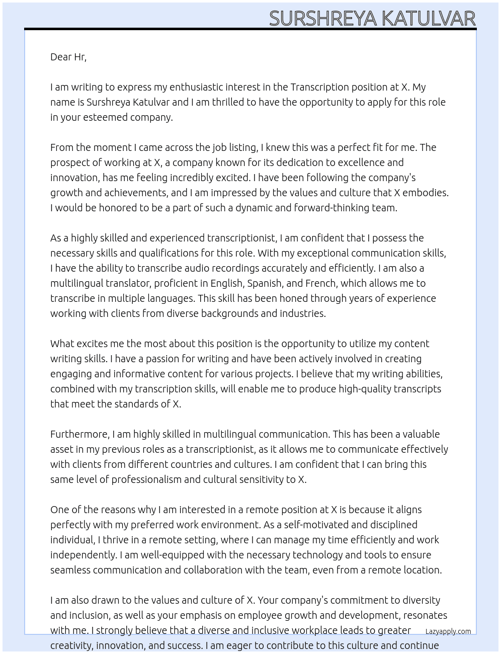 Transcription  At X Cover Letter