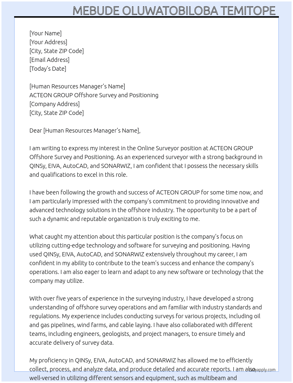 Online Surveyor At ACTEON GROUP Offshore survey and positioning Cover Letter