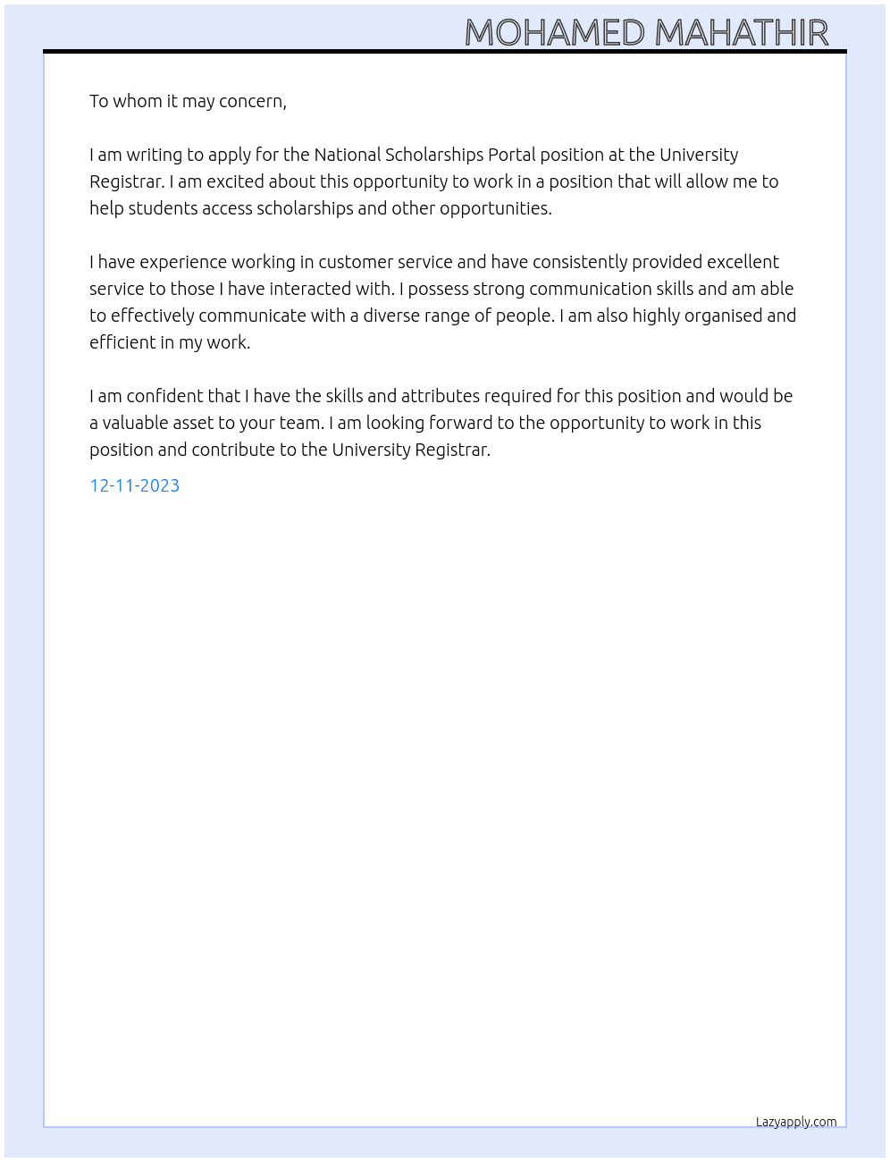 National scholarships portal At University resister Cover Letter