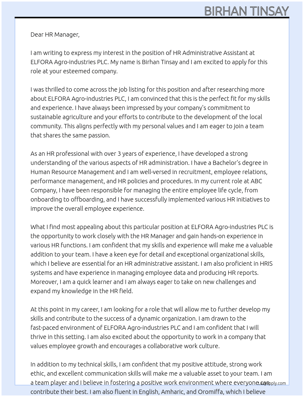 Hr administrative assistant  At ELFORA Agro-industries PLC Cover Letter