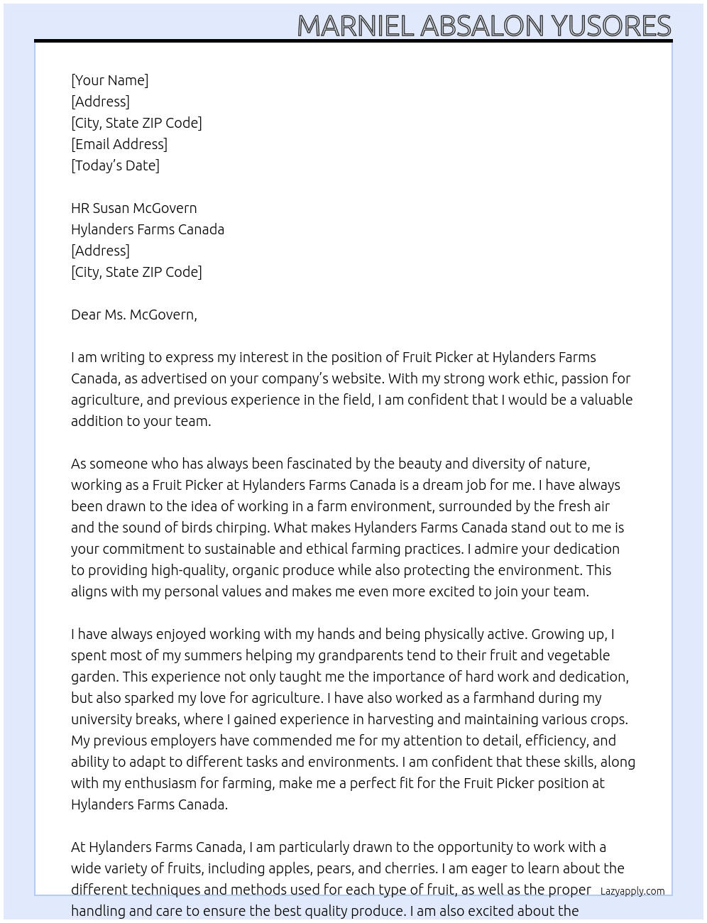 Fruit picker At Hylanders farms Canada Cover Letter