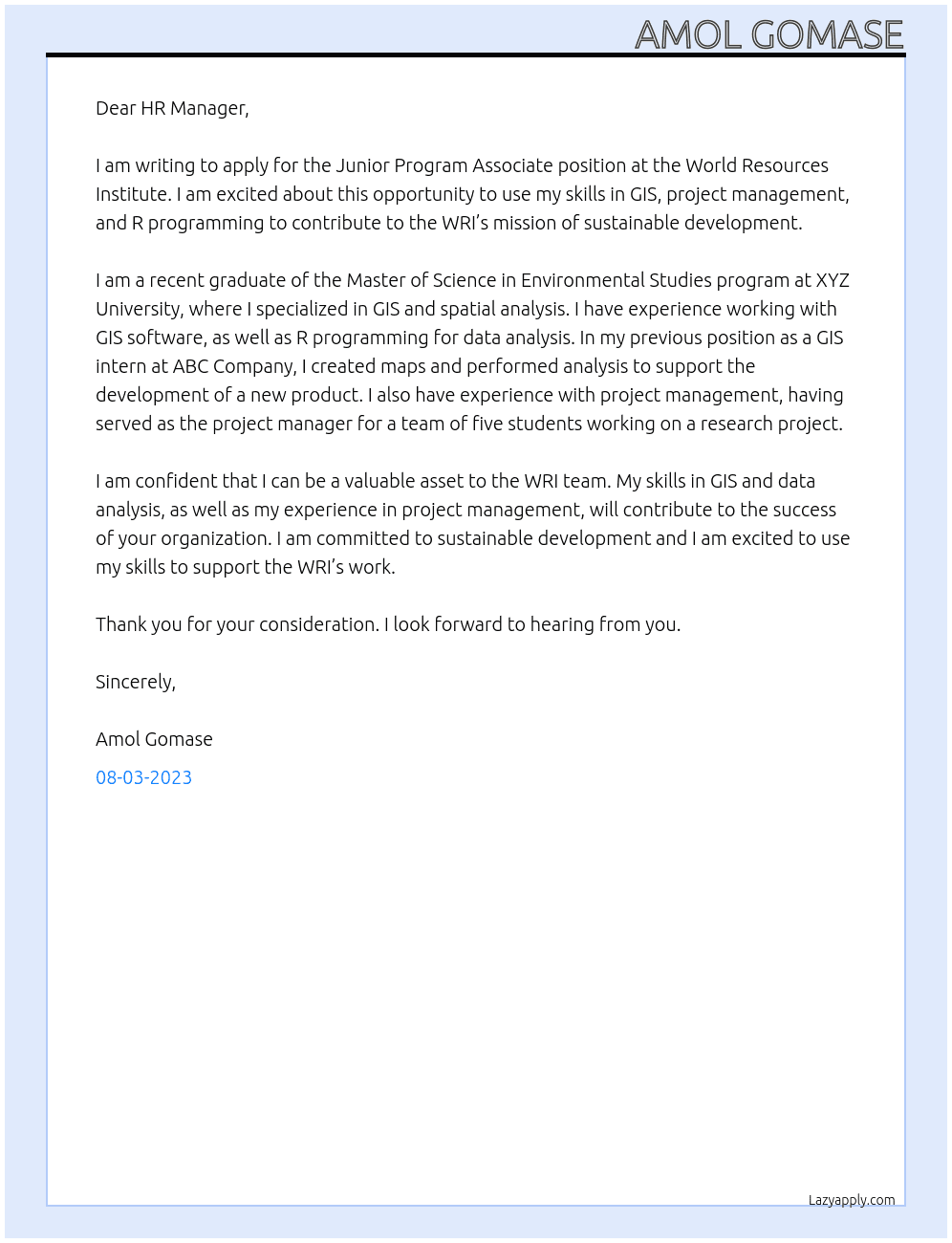 Junior program associate  At World Resources institute  Cover Letter